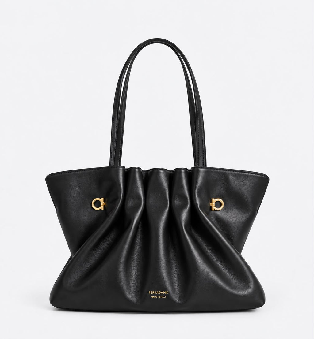 Ferragamo Soft Pleated Shoulder Bag – Black