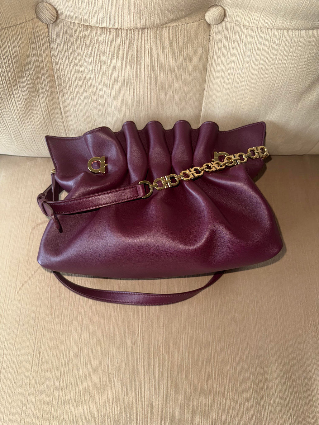 Ferragamo Small Soft Pleated Chain Bag – Burgundy