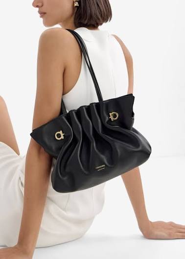 Ferragamo Soft Pleated Shoulder Bag – Black